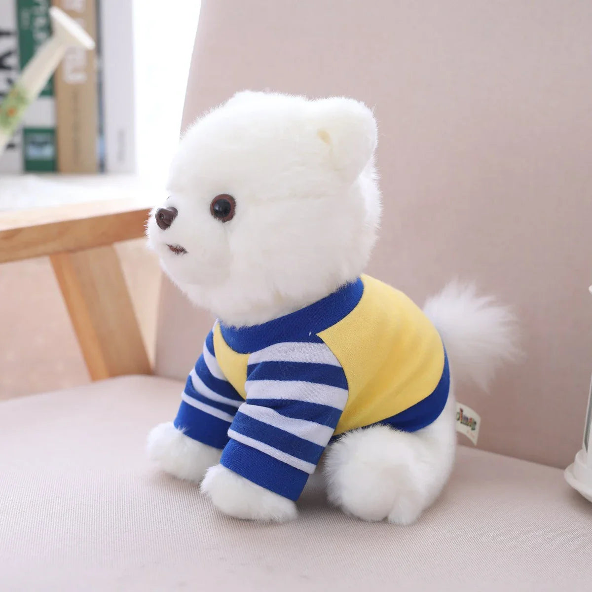 White Pomeranian Dog Puppy Wearing Jumper Sweater Plush Blue Yellow Animals - Tophatter Daily Deals