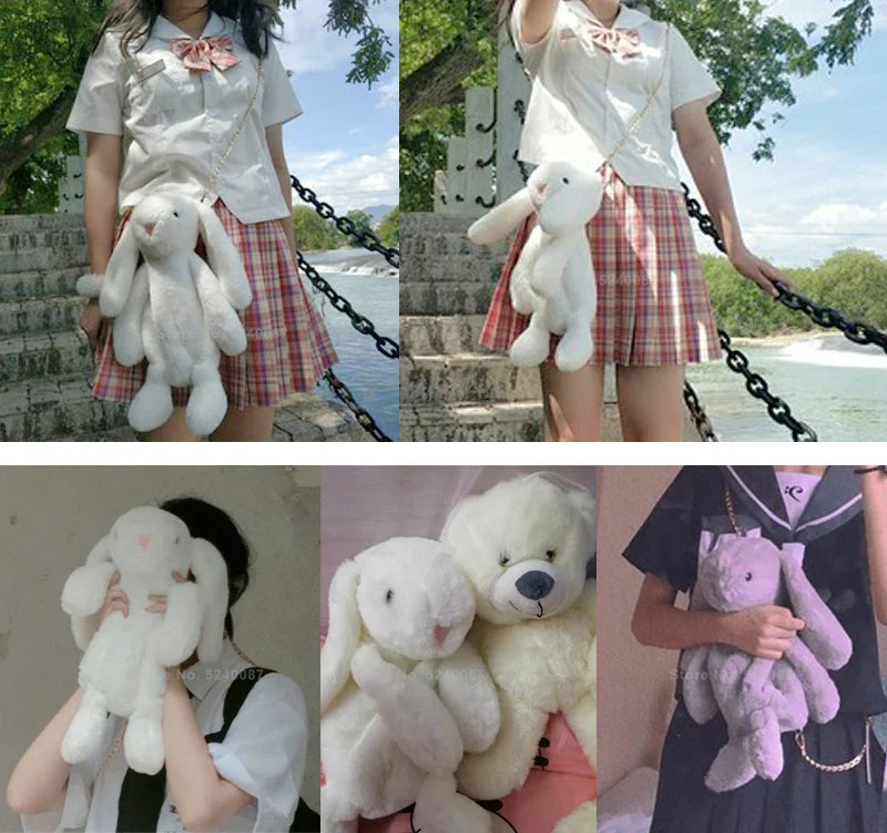 Rabbit Bunny Fur Plush Bag Pink Bows Pearl Strap Gold Hardware Crossbody 30cm Animals - Tophatter Daily Deals