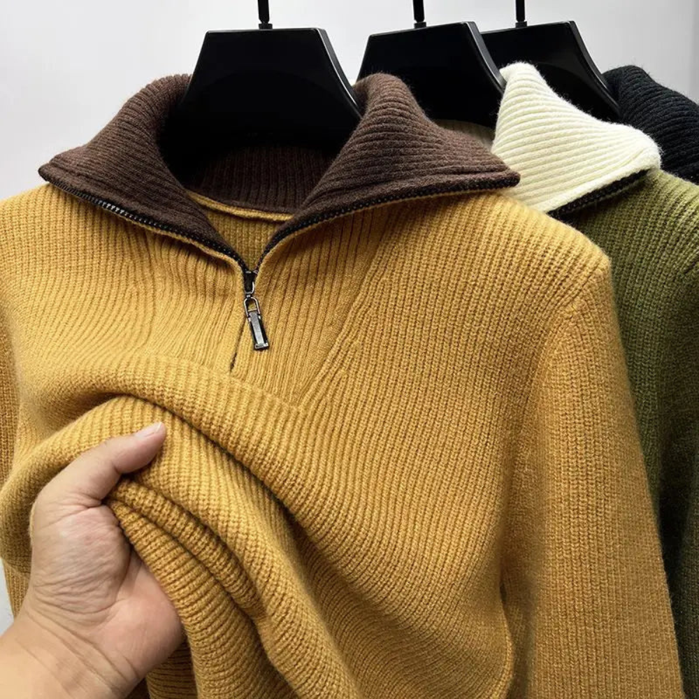 Warm Mens Half Zip Sweater - Stand Collar, Knit, Casual Yellow - Tophatter Daily Deals