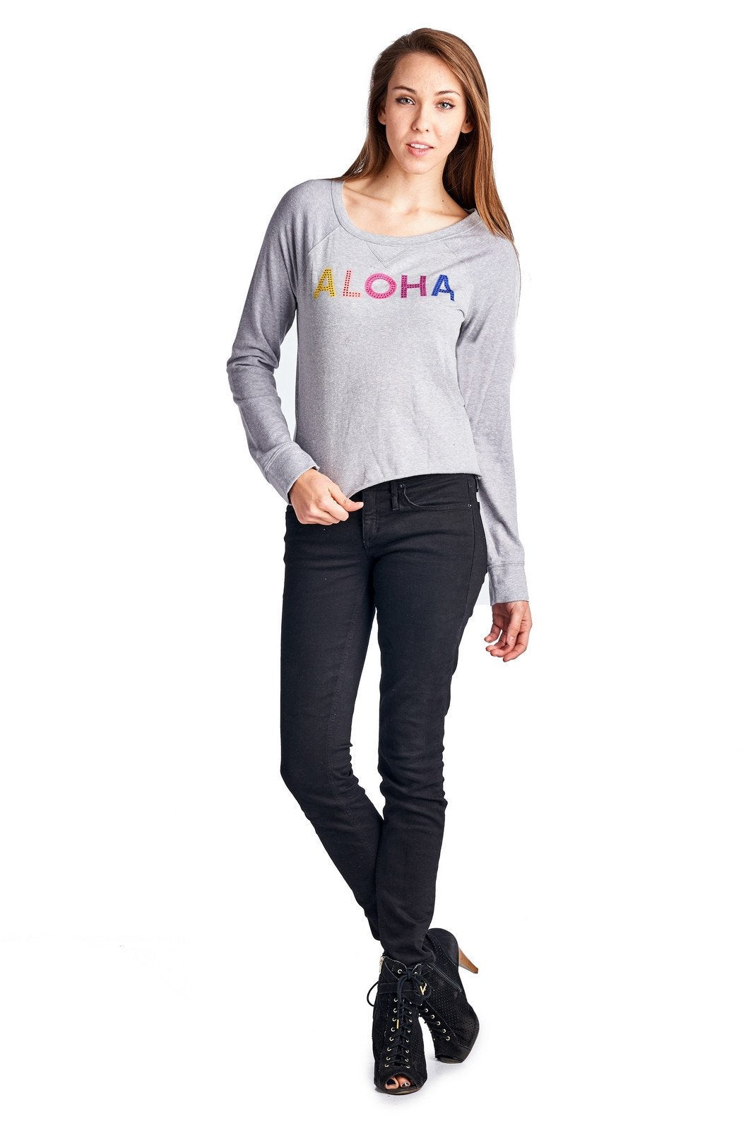 Women's Long Sleeve Aloha Screened Top Tops - Tophatter Daily Deals