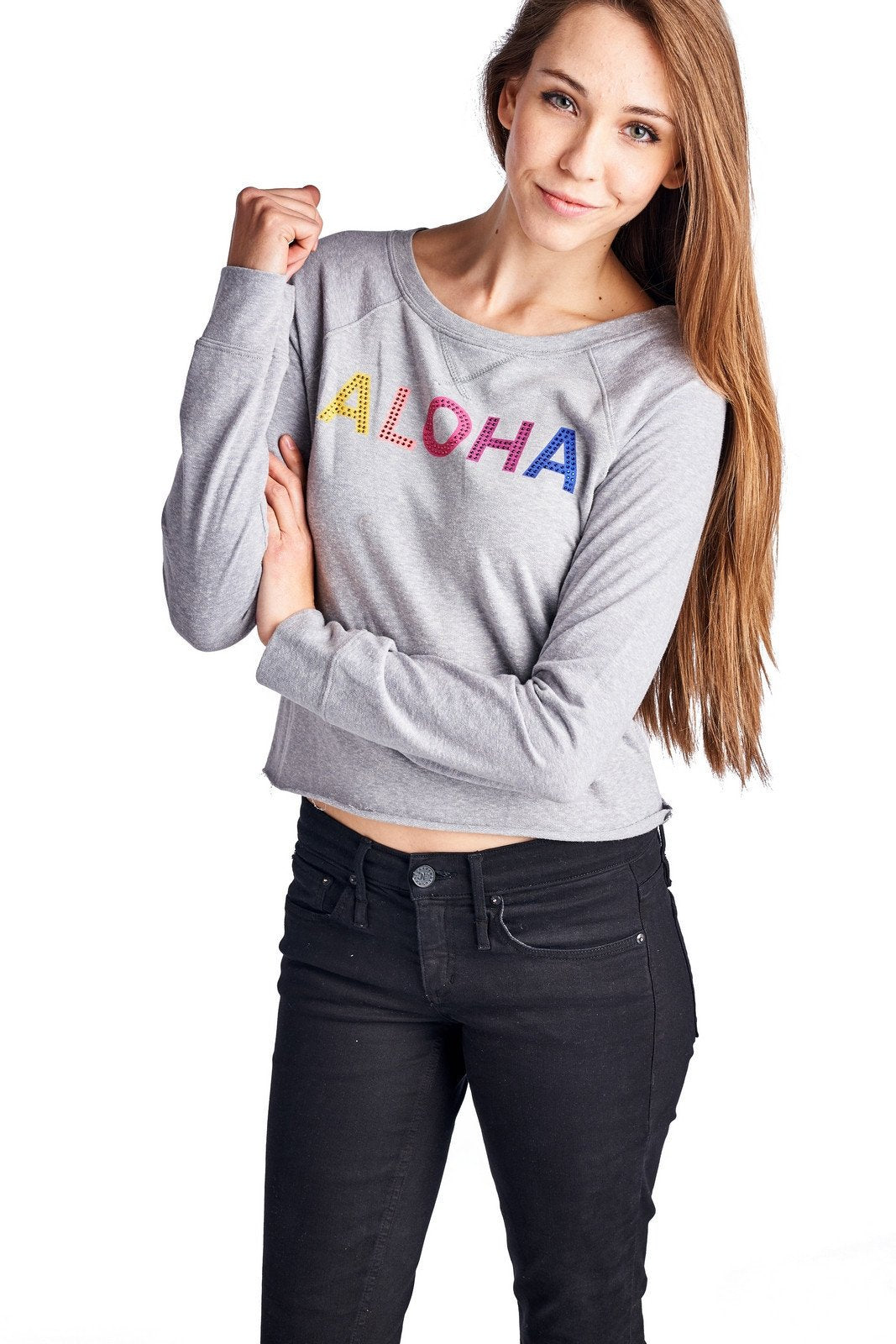 Women's Long Sleeve Aloha Screened Top Grey 14 Tops - Tophatter Daily Deals