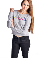 Women's Long Sleeve Aloha Screened Top Grey 14 Tops - Tophatter Daily Deals