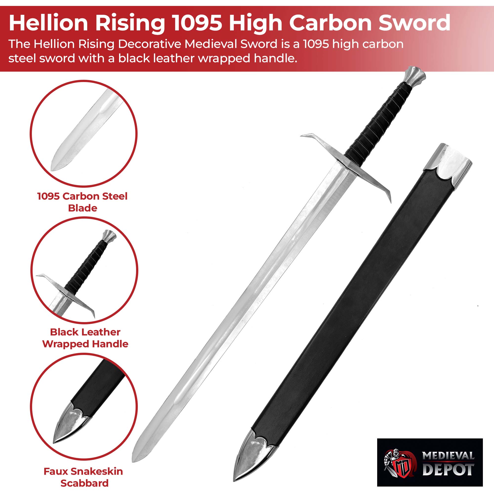 Hellion Rising 1095 High Carbon Medieval Sword with Black Leather Wrap Handle Swords - Tophatter Daily Deals