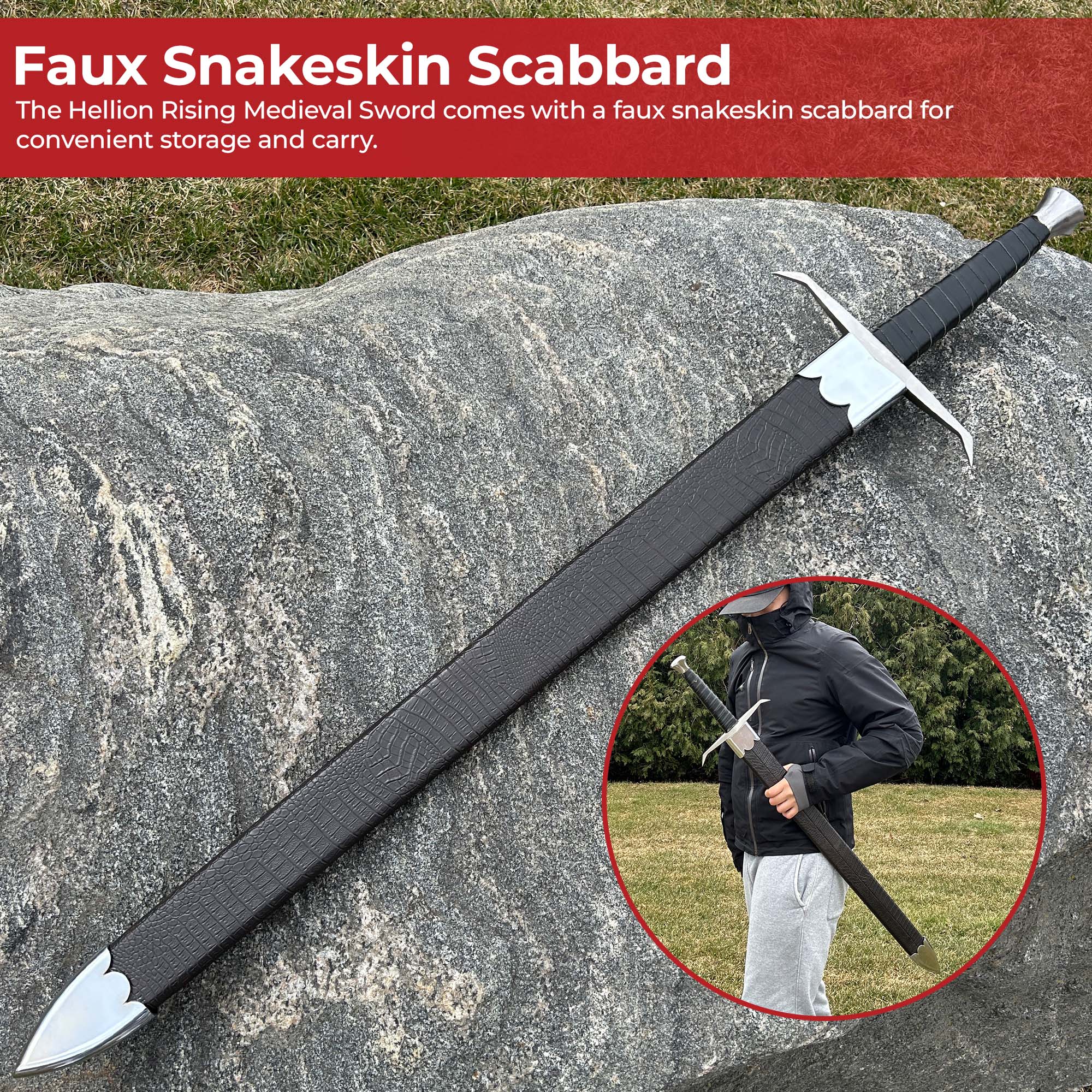 Hellion Rising 1095 High Carbon Medieval Sword with Black Leather Wrap Handle Swords - Tophatter Daily Deals