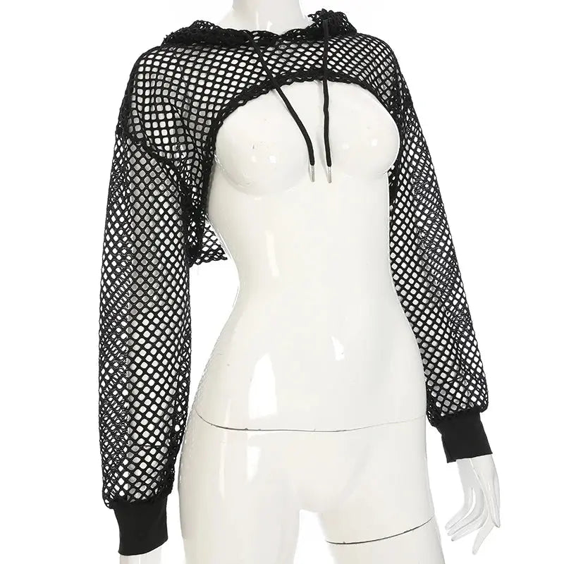 HEYounGIRL Summer Mesh Sexy T Shirt Women Hollow Out Smocked Crop Tops Long Sleeve Hoodies Tees Shirt Fishnet T-shirt Ladies - Tophatter Daily Deals