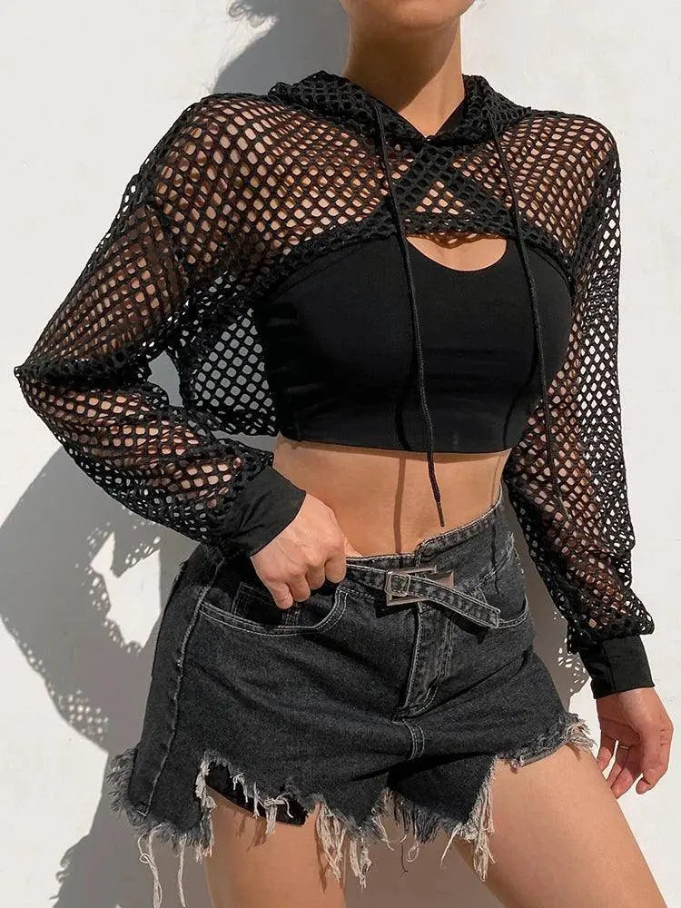 HEYounGIRL Summer Mesh Sexy T Shirt Women Hollow Out Smocked Crop Tops Long Sleeve Hoodies Tees Shirt Fishnet T-shirt Ladies - Tophatter Daily Deals