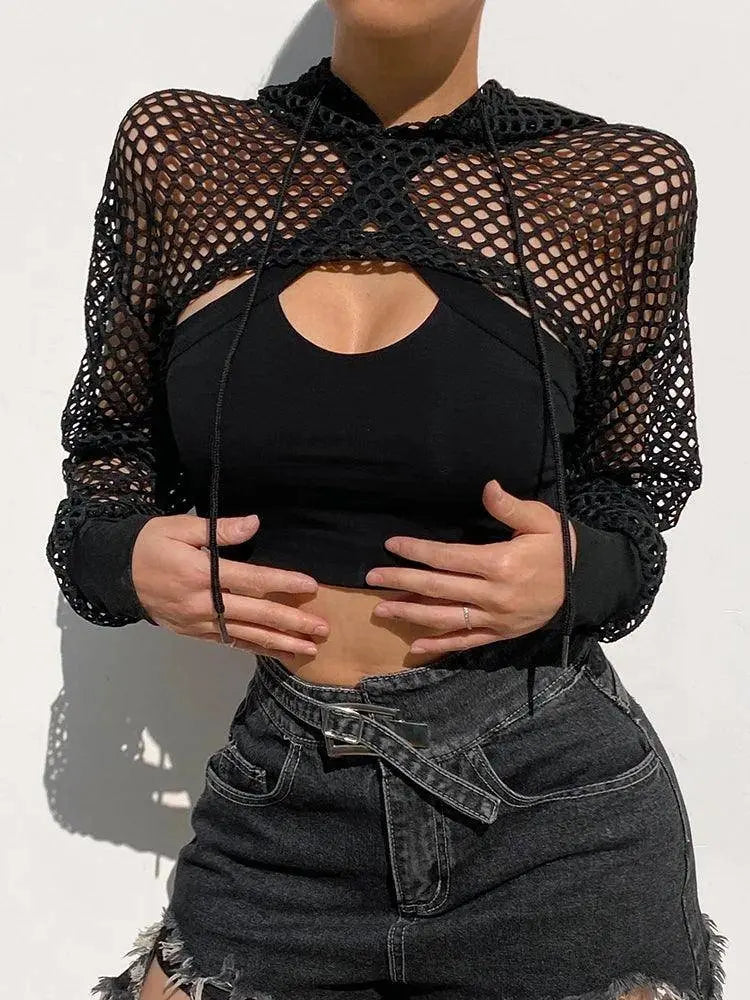 HEYounGIRL Summer Mesh Sexy T Shirt Women Hollow Out Smocked Crop Tops Long Sleeve Hoodies Tees Shirt Fishnet T-shirt Ladies black - Tophatter Daily Deals