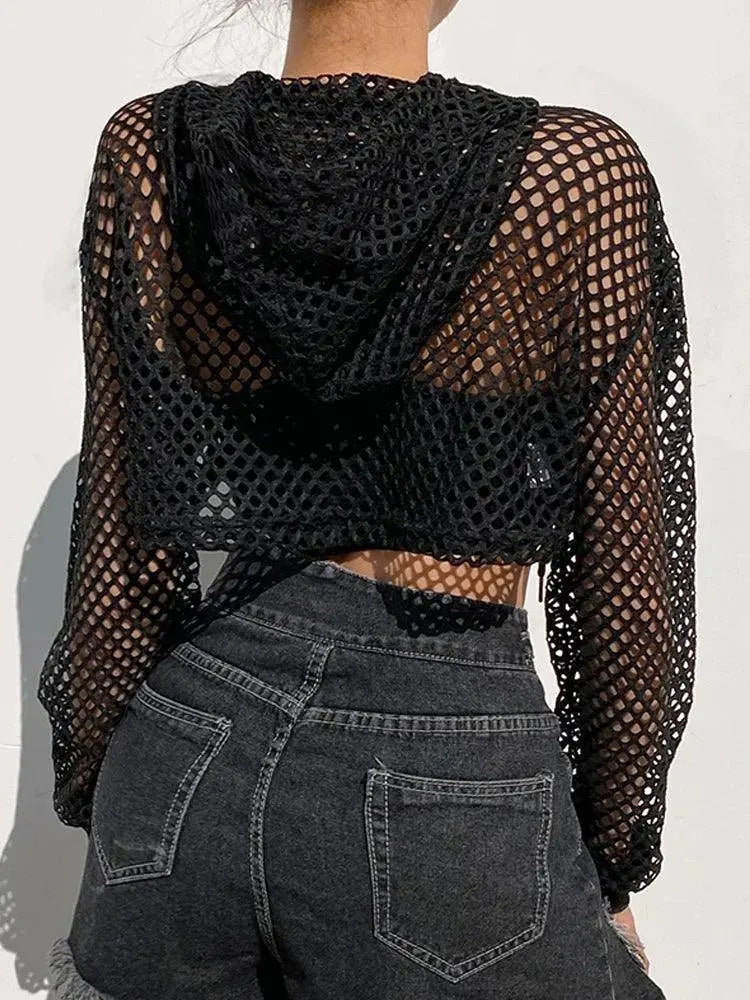 HEYounGIRL Summer Mesh Sexy T Shirt Women Hollow Out Smocked Crop Tops Long Sleeve Hoodies Tees Shirt Fishnet T-shirt Ladies - Tophatter Daily Deals