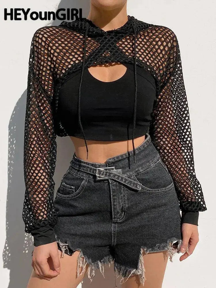 HEYounGIRL Summer Mesh Sexy T Shirt Women Hollow Out Smocked Crop Tops Long Sleeve Hoodies Tees Shirt Fishnet T-shirt Ladies - Tophatter Daily Deals