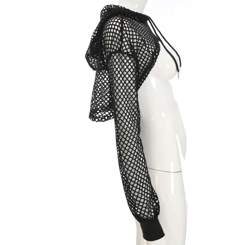 HEYounGIRL Summer Mesh Sexy T Shirt Women Hollow Out Smocked Crop Tops Long Sleeve Hoodies Tees Shirt Fishnet T-shirt Ladies - Tophatter Daily Deals