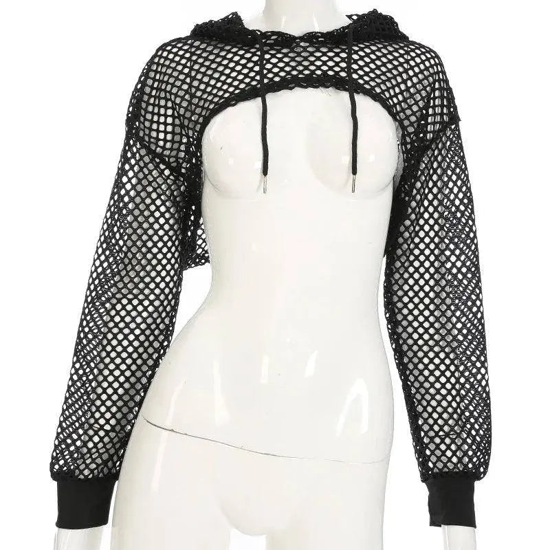 HEYounGIRL Summer Mesh Sexy T Shirt Women Hollow Out Smocked Crop Tops Long Sleeve Hoodies Tees Shirt Fishnet T-shirt Ladies - Tophatter Daily Deals