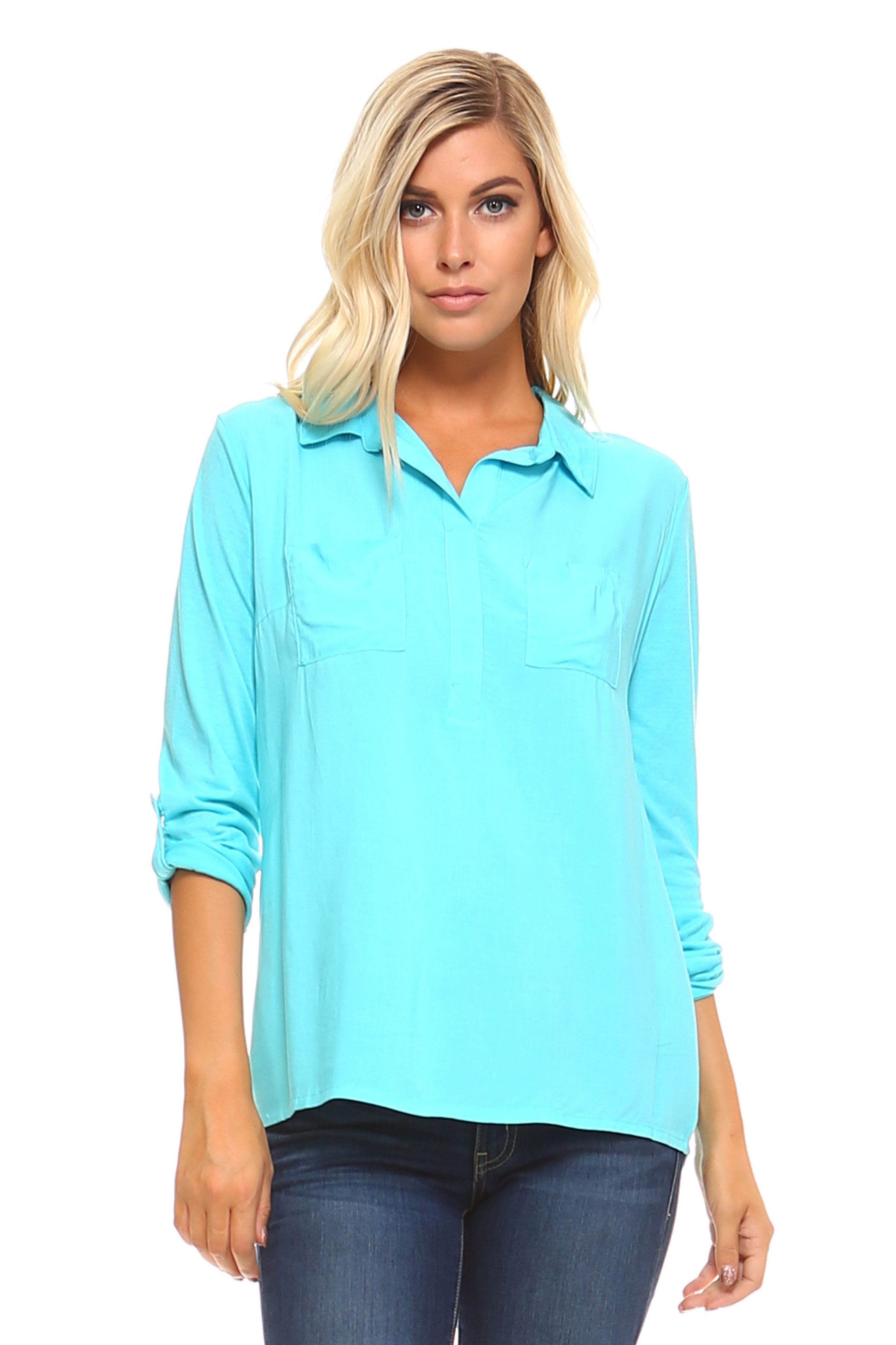 Women's Knit to Woven Button-Front Top Clean Blue Tops - Tophatter Daily Deals
