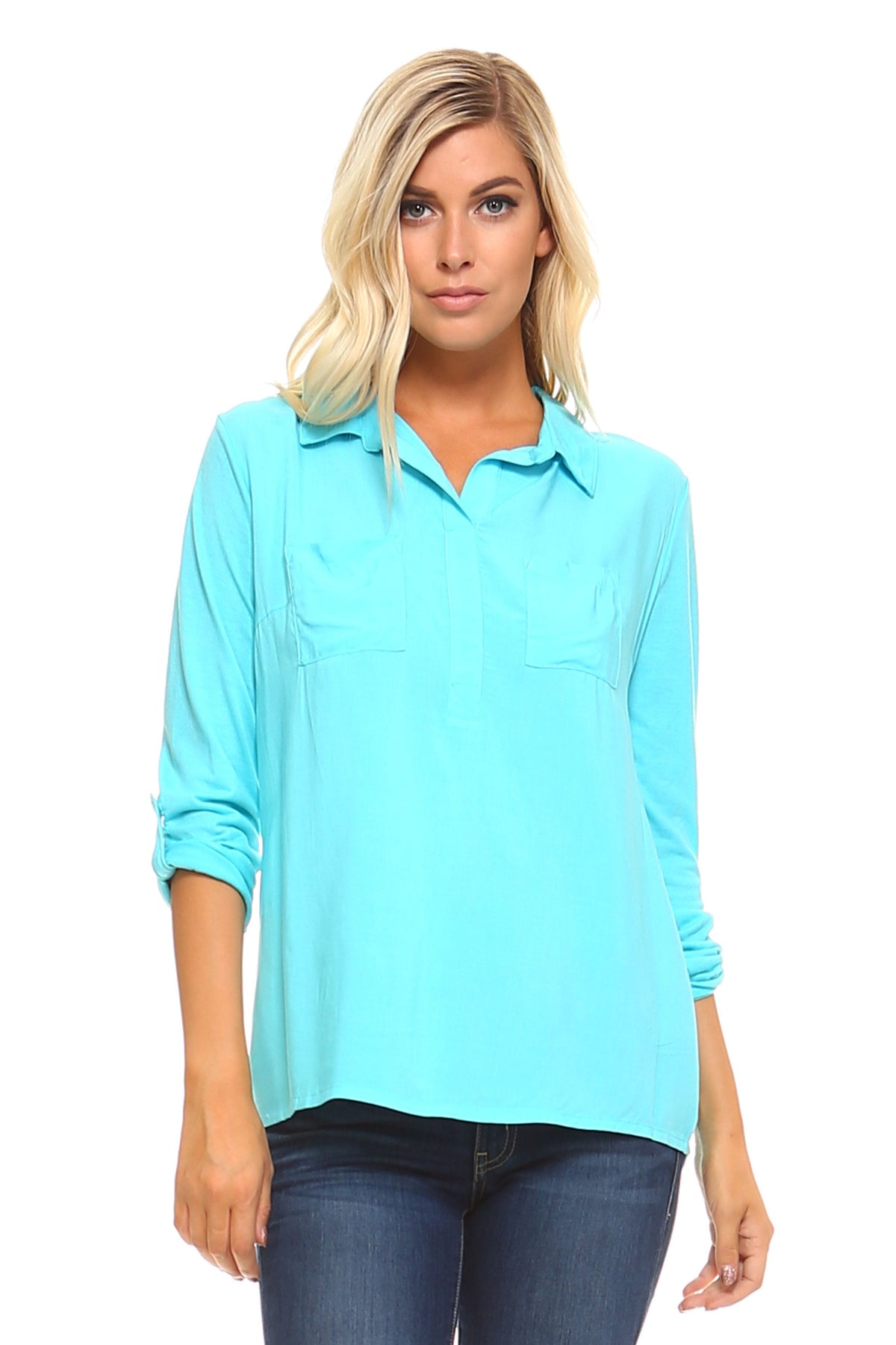 Women's Knit to Woven Button-Front Top Clean Blue Tops - Tophatter Daily Deals
