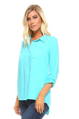 Women's Knit to Woven Button-Front Top Clean Blue Tops - Tophatter Daily Deals
