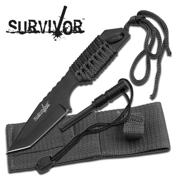 Black 7" Full Tang Tanto 4mm Blade Survival Knife with Sheath & Fire Starter - Tophatter's Guns'N'Weapons Store Collectible Weapons - Tophatter Daily Deals