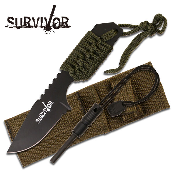 7" Green Cord Wrapped Full Tang Mini Survival Knife With Fire Starter - Tophatter's Guns'N'Weapons Store Collectible Weapons - Tophatter Daily Deals