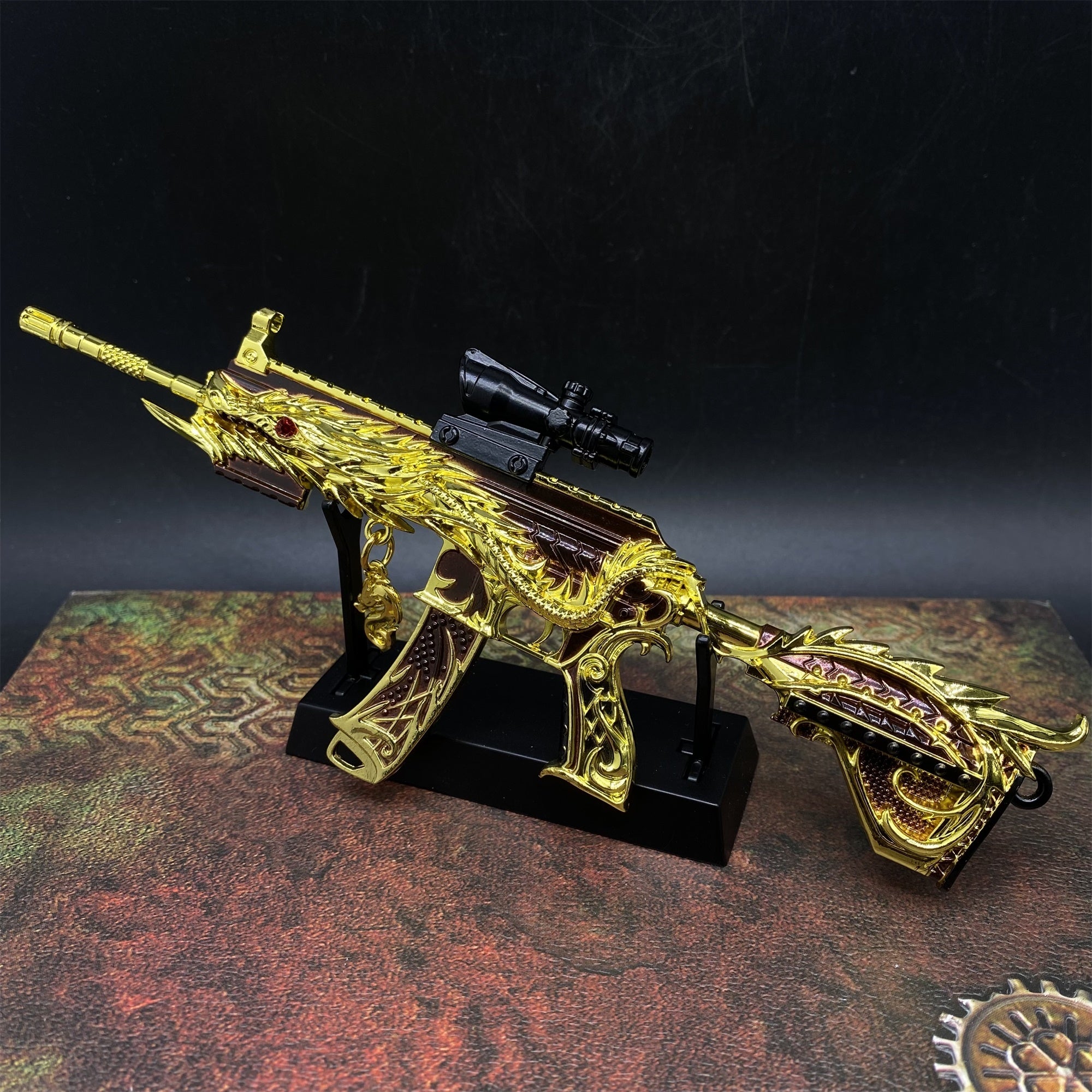Golden Five Claw Dragon HK416 Miniature Metal Gun 20CM/7.9" With Metal Stand - Tophatter Daily Deals