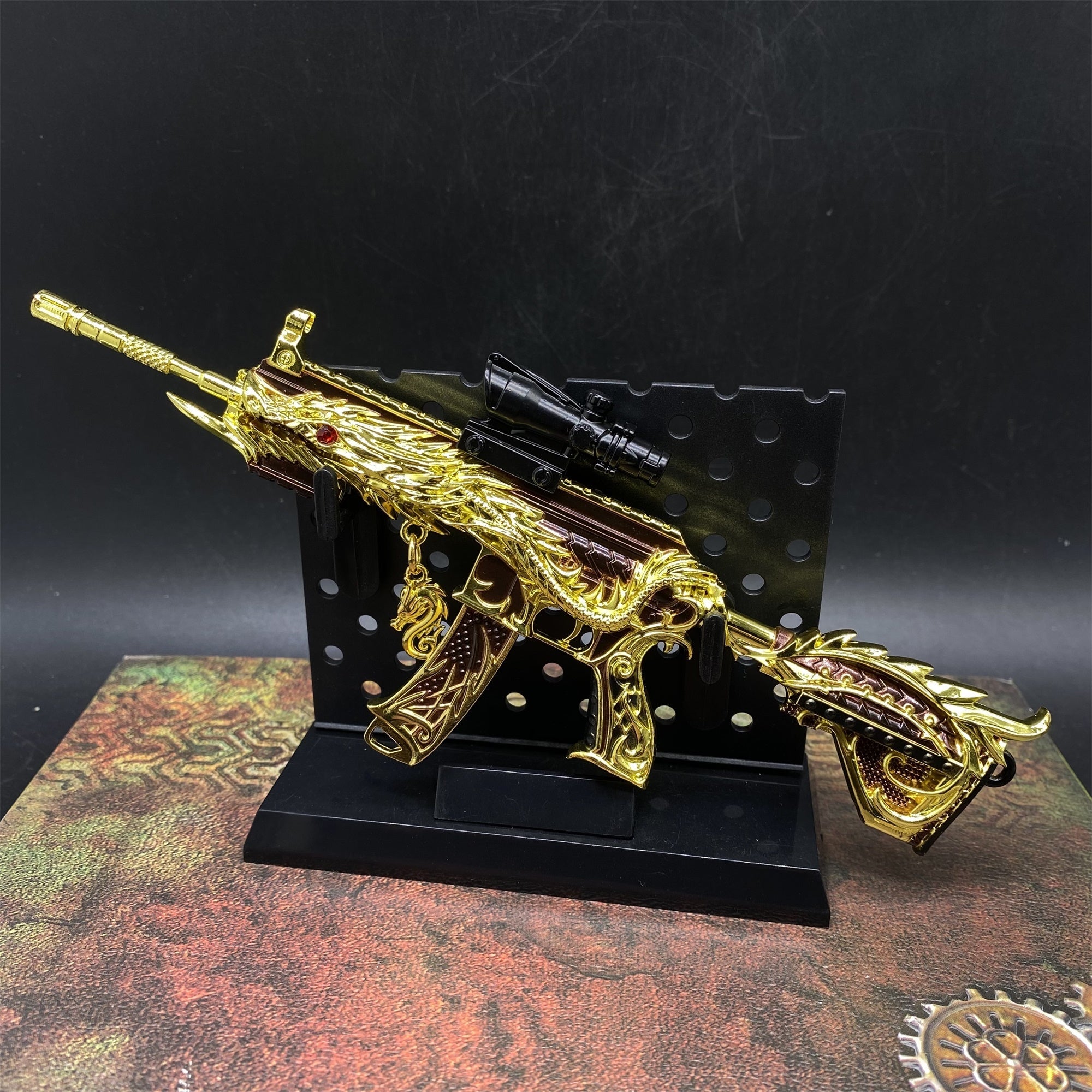 Golden Five Claw Dragon HK416 Miniature Metal Gun 20CM/7.9" With Plastic Stand - Tophatter Daily Deals