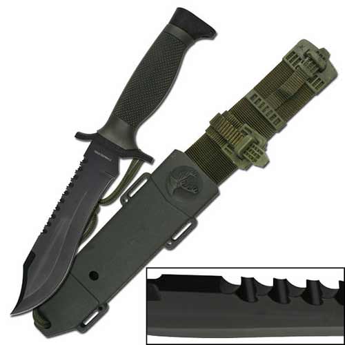 12" Black Survival Bowie Knife With ABS Sheath | Reverse Double Serration Collectible Weapons - Tophatter Daily Deals