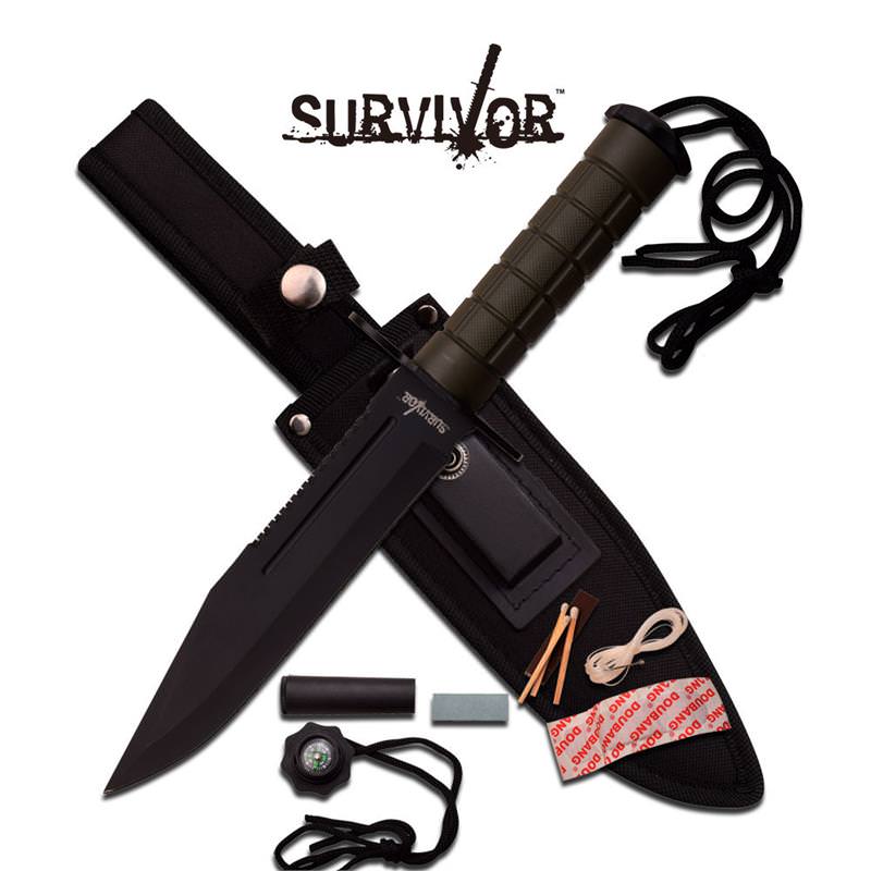 12" Black Green Military Combat Blade With Sheath + Kit Survival Knife Collectible Weapons - Tophatter Daily Deals