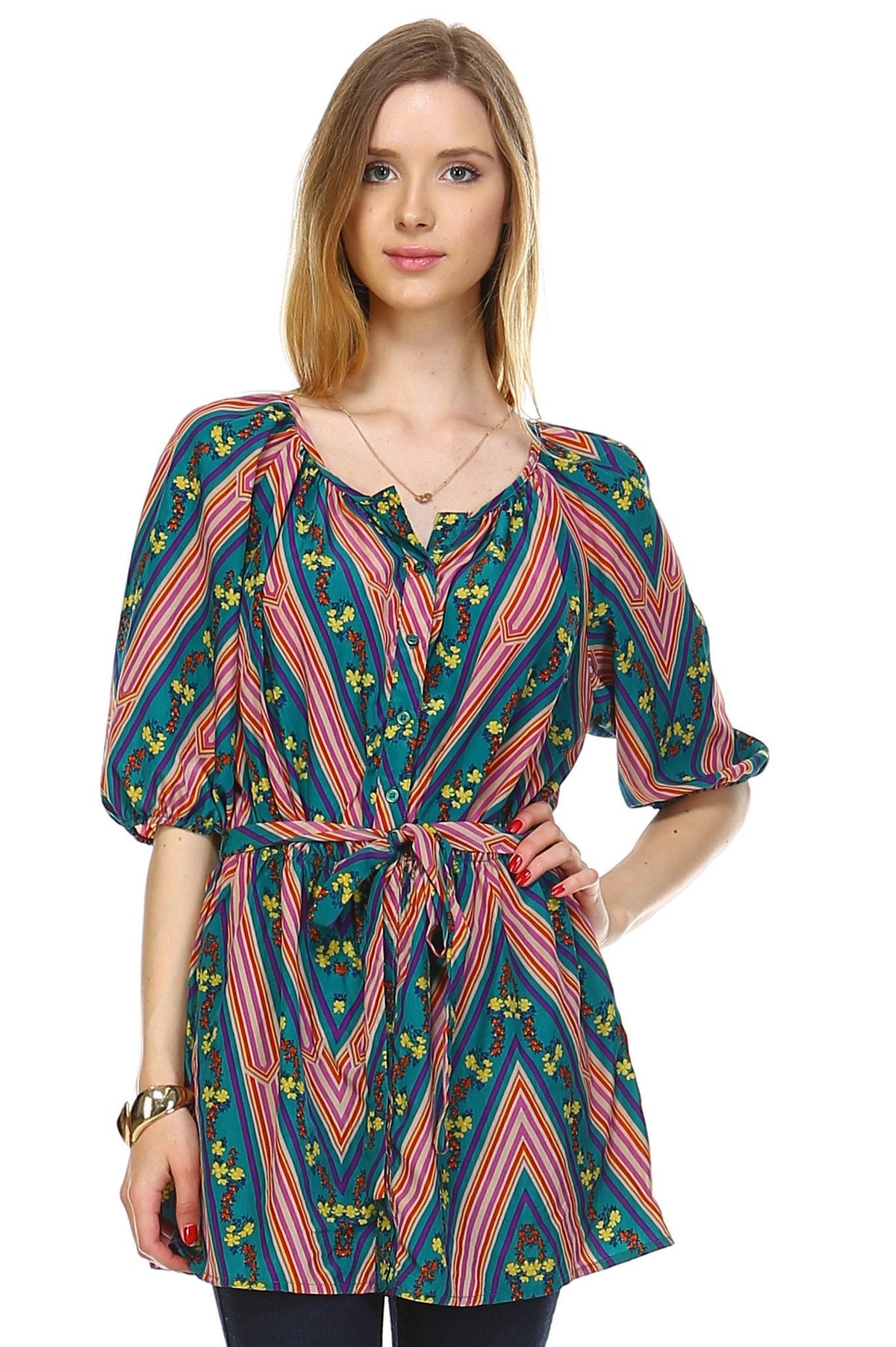 Women's Belted Button Front Top Multi 742 Tops - Tophatter Daily Deals