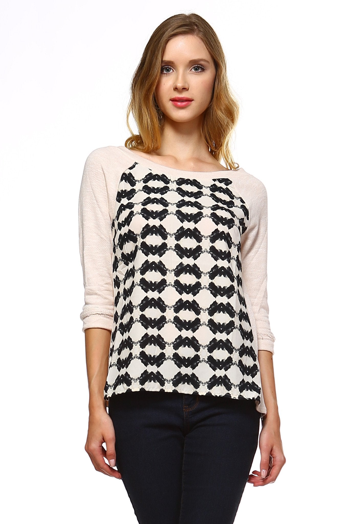 Women's Knit to Woven Printed Sweater Top Ivory Black 1 Tops - Tophatter Daily Deals
