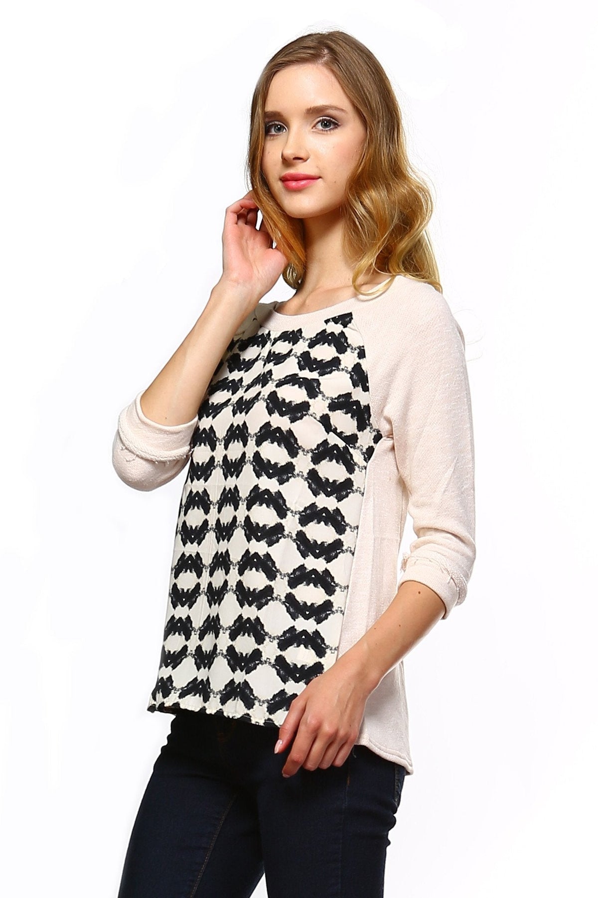 Women's Knit to Woven Printed Sweater Top Tops - Tophatter Daily Deals