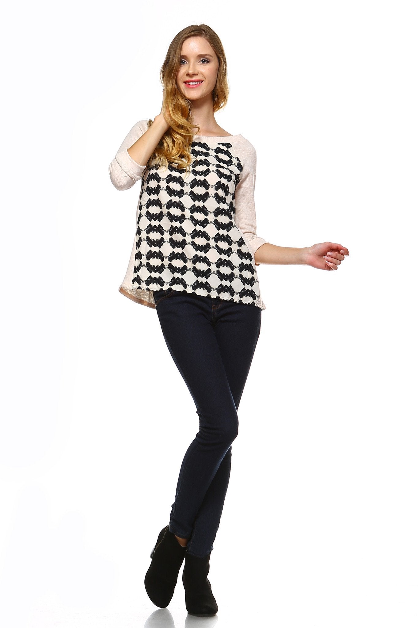 Women's Knit to Woven Printed Sweater Top Tops - Tophatter Daily Deals