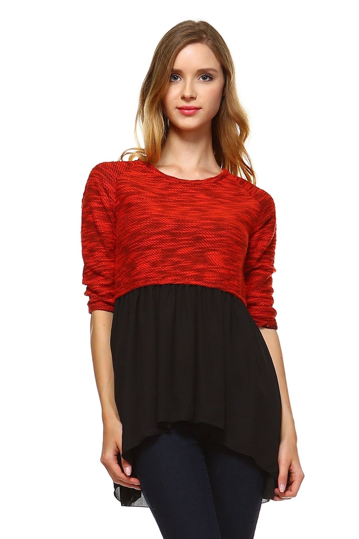 Women's Knit to Woven 3/4 Sleeve Colorblock Shirt Dress Red Black 3 Tops - Tophatter Daily Deals