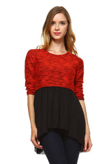 Women's Knit to Woven 3/4 Sleeve Colorblock Shirt Dress Red Black 3 Tops - Tophatter Daily Deals