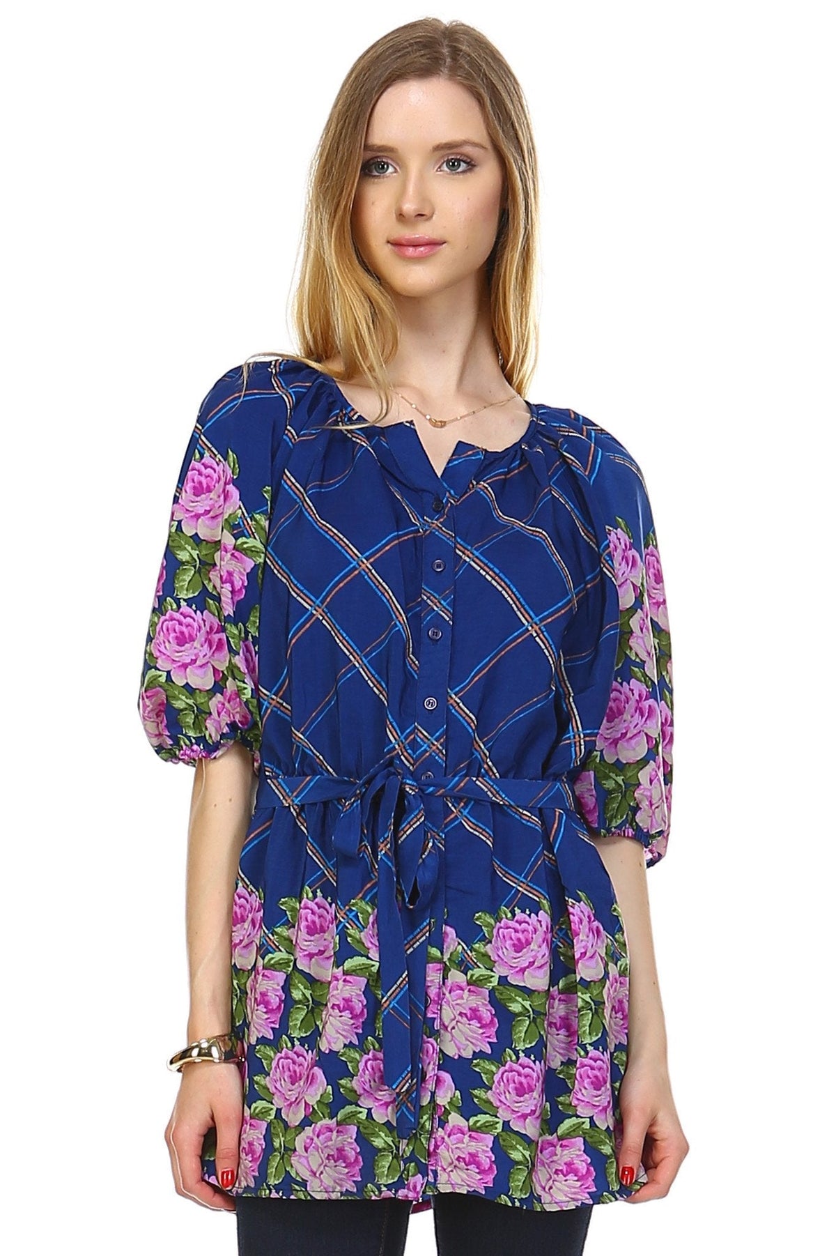Women's Belted Button Front Top Plaid Blue Floral Tops - Tophatter Daily Deals