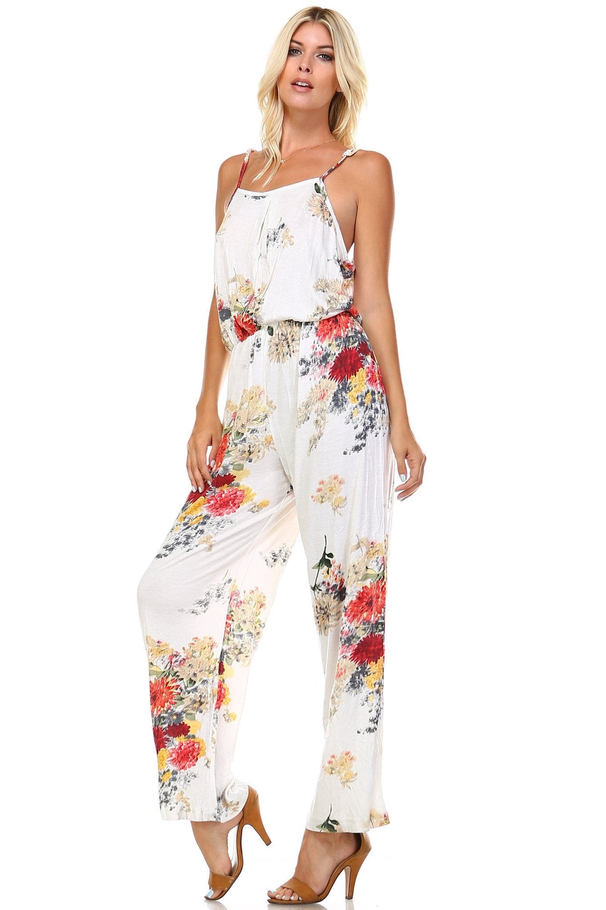 Women's Printed V-Back Elastic Waistline Jumpsuit Jumpsuit - Tophatter Daily Deals