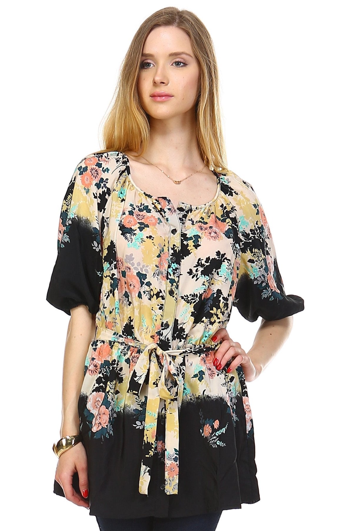 Women's Belted Button Front Top Black Floral Tops - Tophatter Daily Deals