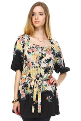 Women's Belted Button Front Top Black Floral Tops - Tophatter Daily Deals