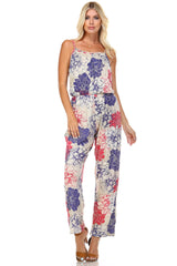 Women's Printed V-Back Elastic Waistline Jumpsuit Grey Multi Jumpsuit - Tophatter Daily Deals