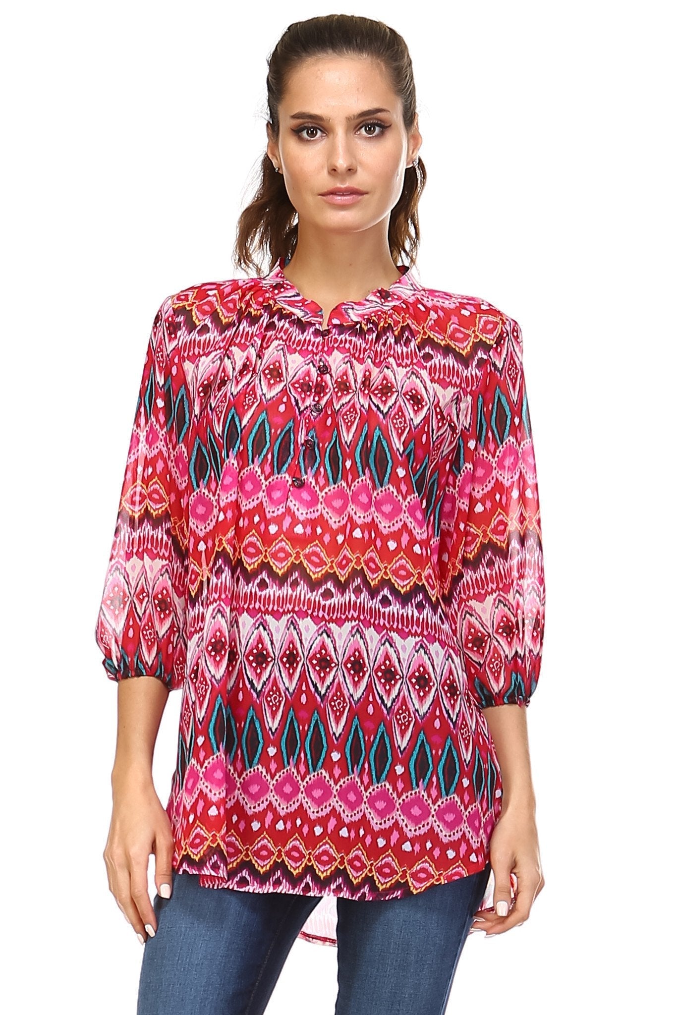 Women's 3/4 Three Quarter Sleeve Printed Chiffon Button Top Red Fuchsia Teal 2 Tops - Tophatter Daily Deals
