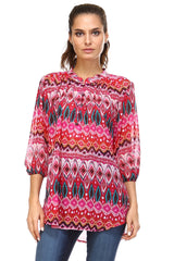 Women's 3/4 Three Quarter Sleeve Printed Chiffon Button Top Red Fuchsia Teal 2 Tops - Tophatter Daily Deals
