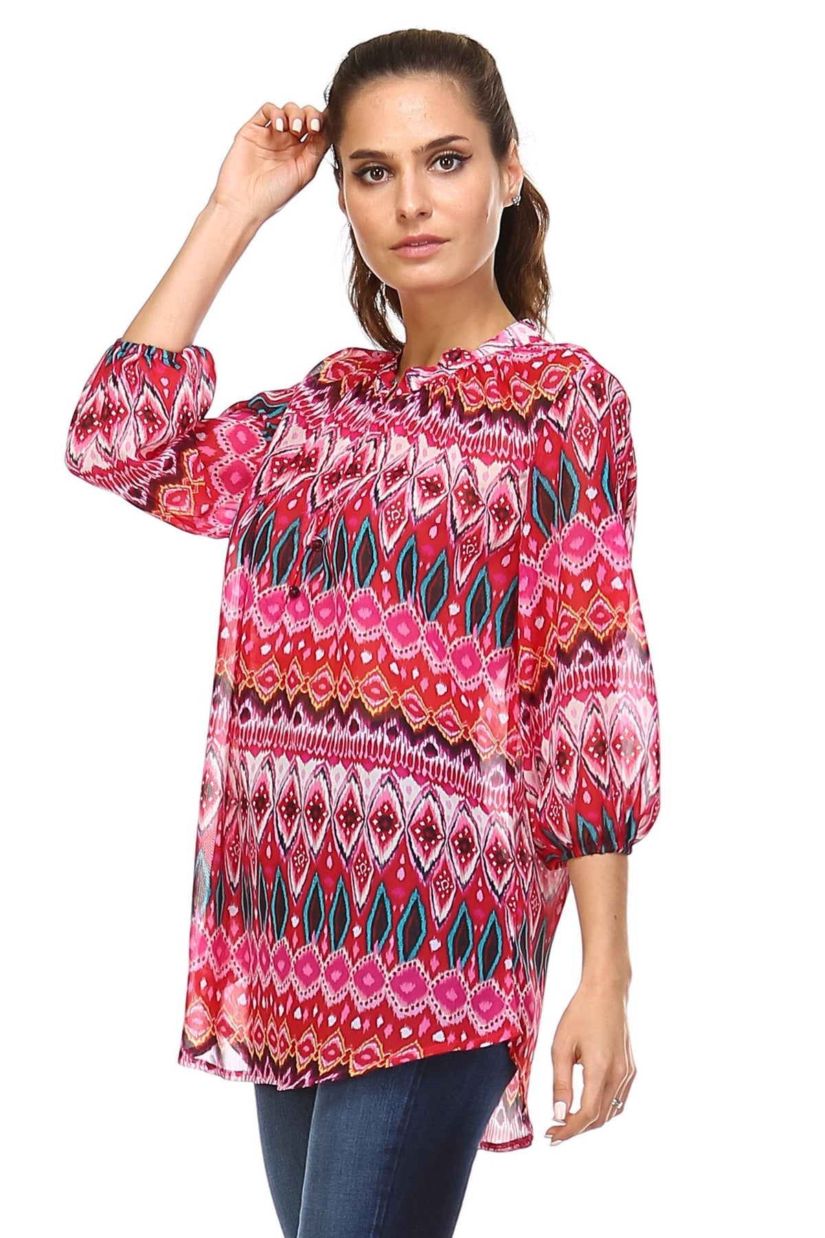 Women's 3/4 Three Quarter Sleeve Printed Chiffon Button Top Tops - Tophatter Daily Deals