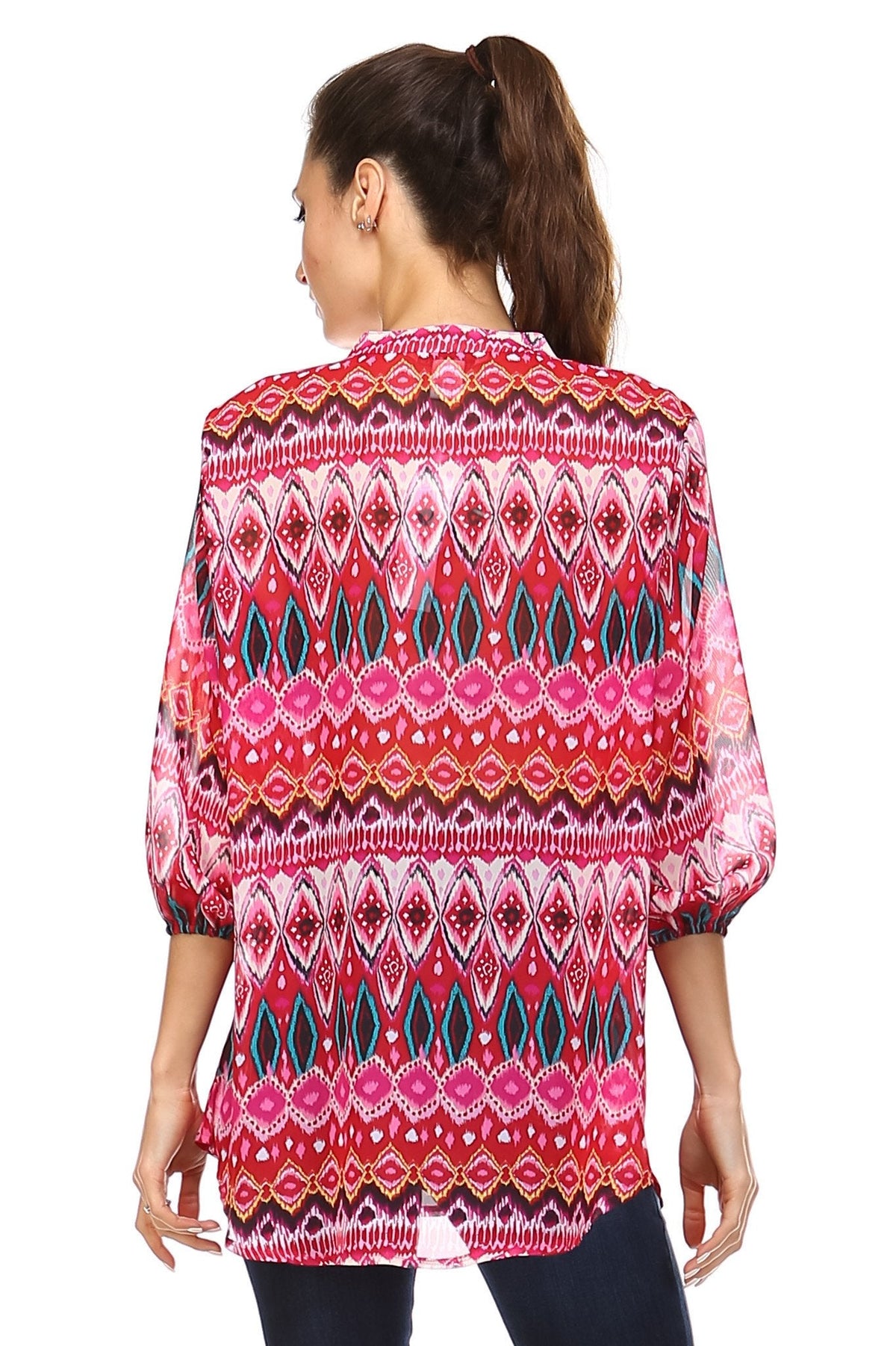 Women's 3/4 Three Quarter Sleeve Printed Chiffon Button Top Tops - Tophatter Daily Deals