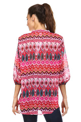 Women's 3/4 Three Quarter Sleeve Printed Chiffon Button Top Tops - Tophatter Daily Deals