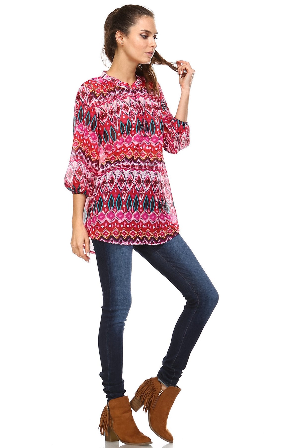 Women's 3/4 Three Quarter Sleeve Printed Chiffon Button Top Tops - Tophatter Daily Deals