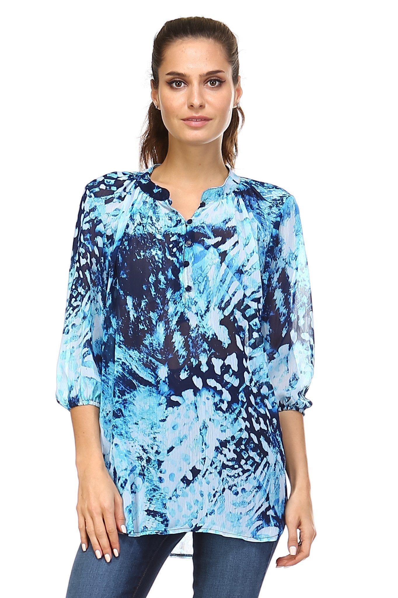 Women's 3/4 Three Quarter Sleeve Printed Chiffon Button Top Royal Sky Blue Tops - Tophatter Daily Deals