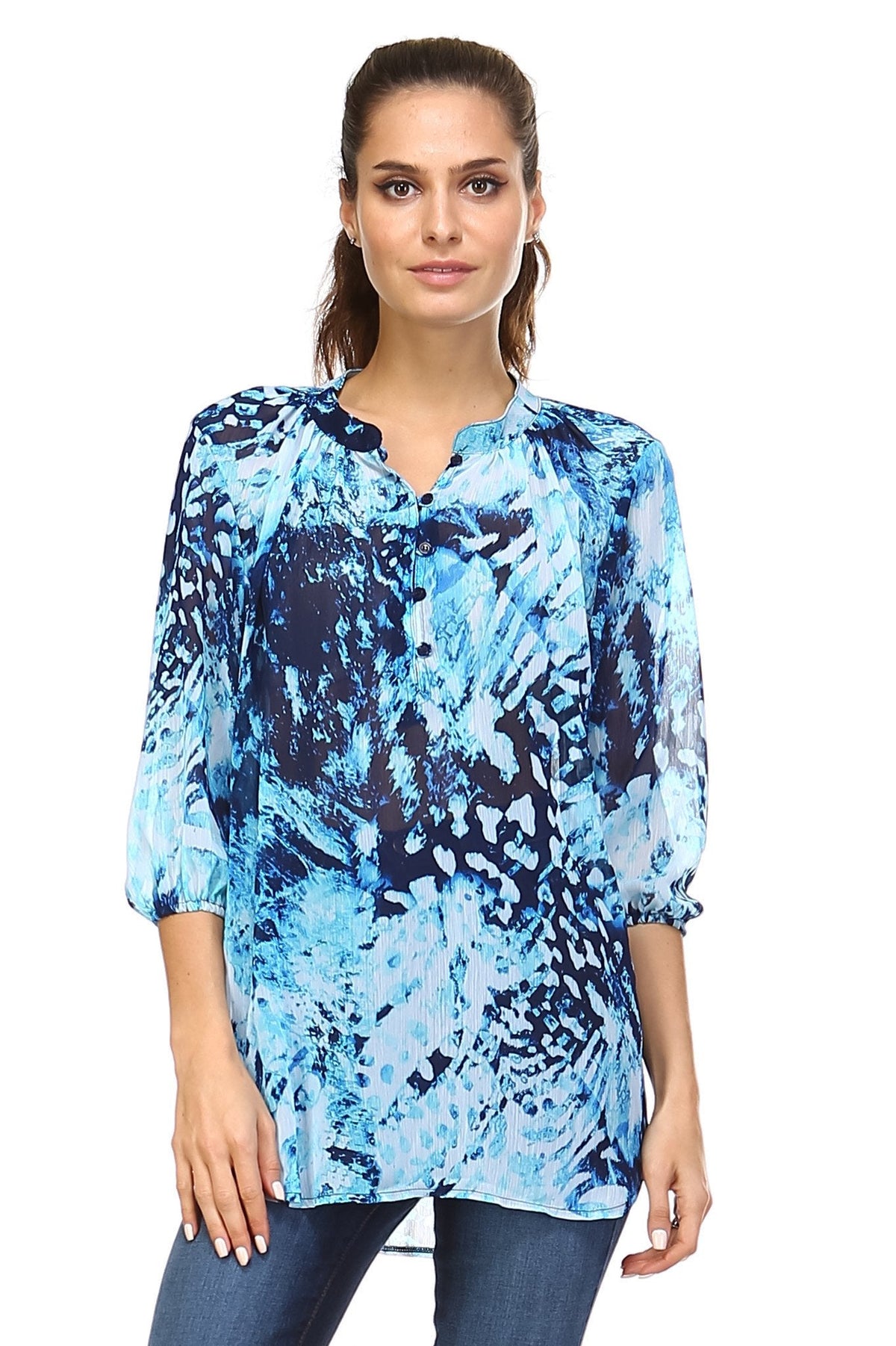 Women's 3/4 Three Quarter Sleeve Printed Chiffon Button Top Royal Sky Blue Tops - Tophatter Daily Deals