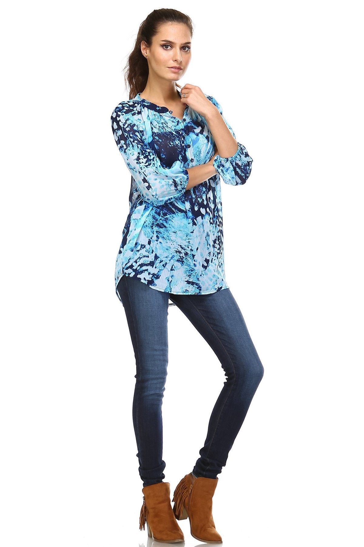 Women's 3/4 Three Quarter Sleeve Printed Chiffon Button Top Tops - Tophatter Daily Deals