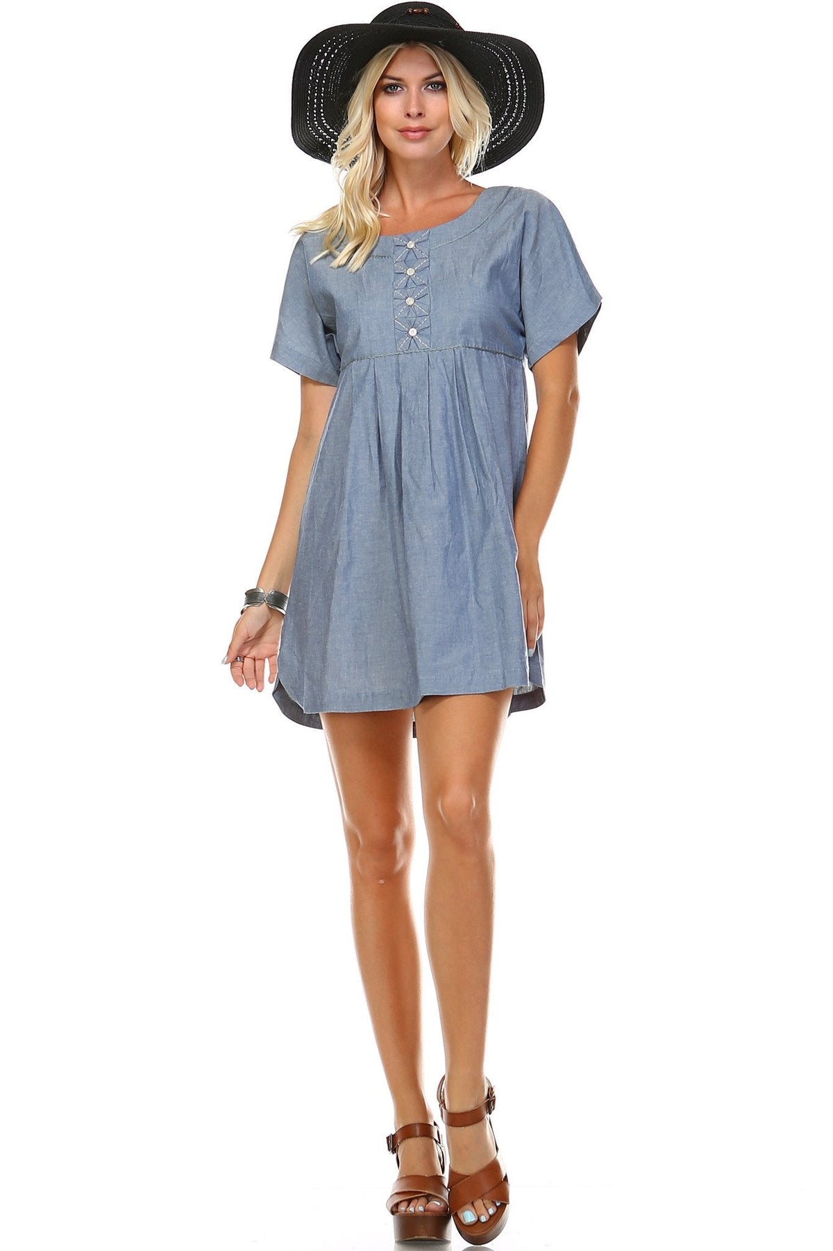 Women's Denim Button-Accent Scoop Neck Dress Dresses / Midi - Tophatter Daily Deals