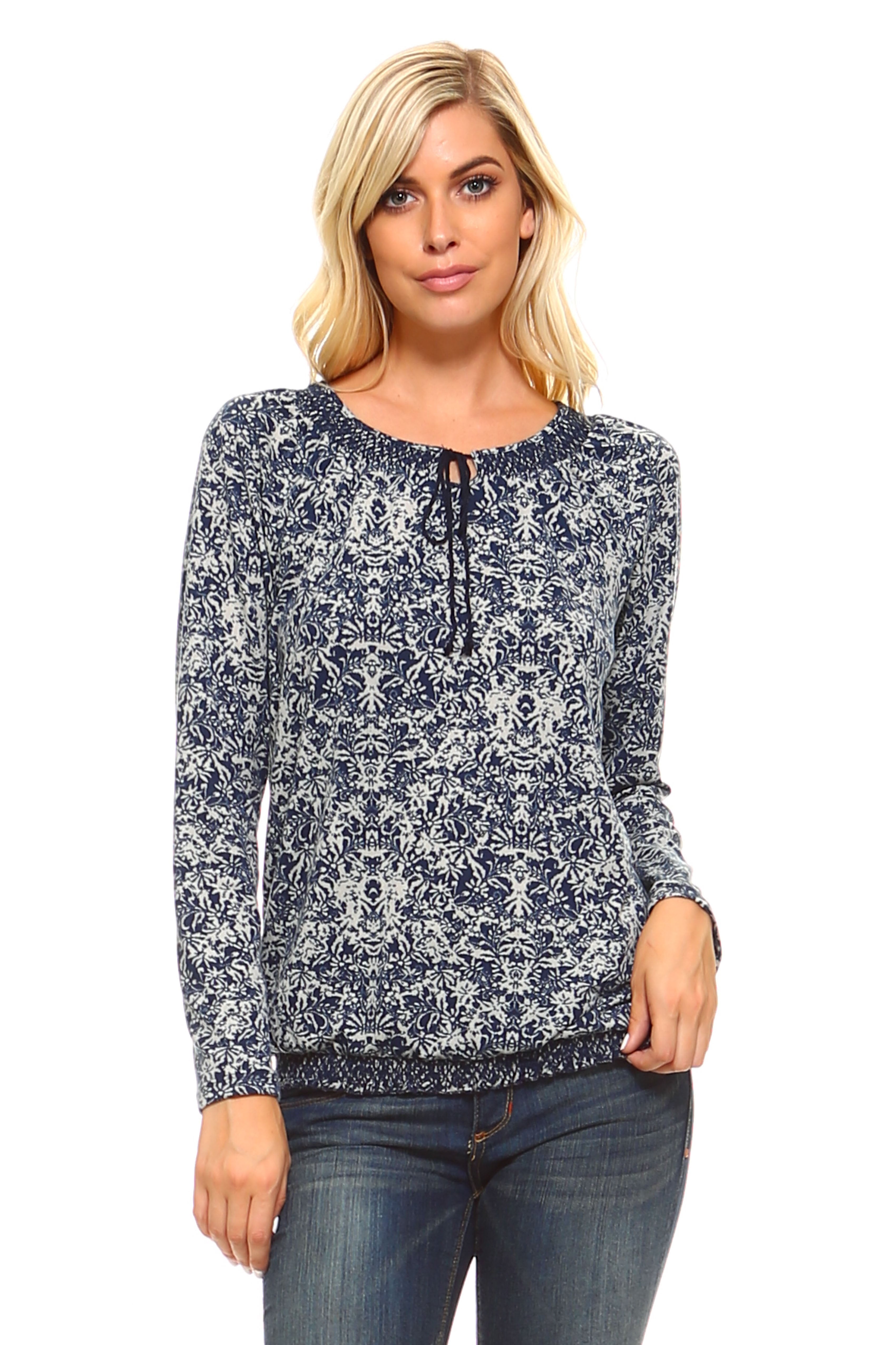 Women's Long Sleeve Navy Printed Peasant Top Navy Water Print Tops - Tophatter Daily Deals