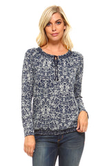 Women's Long Sleeve Navy Printed Peasant Top Navy Water Print Tops - Tophatter Daily Deals