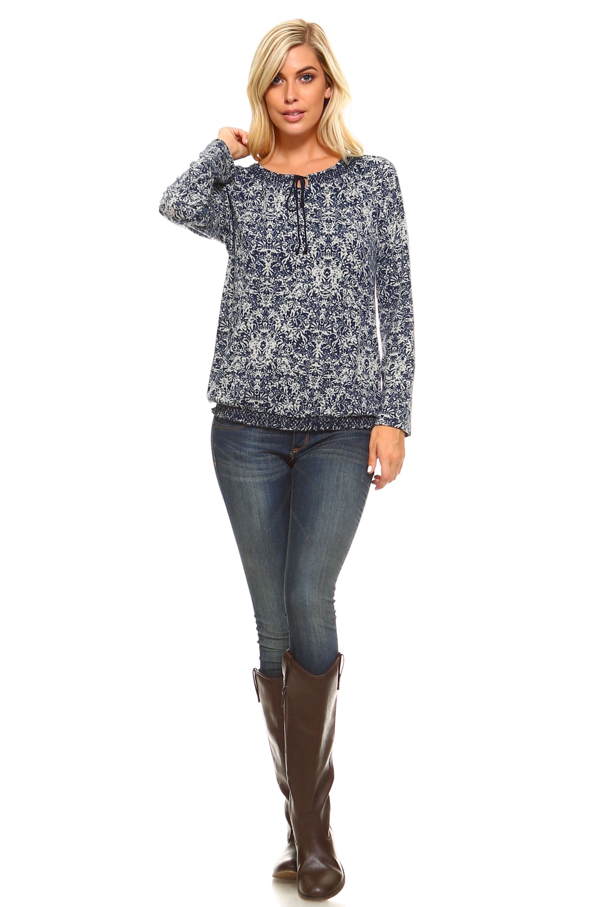 Women's Long Sleeve Navy Printed Peasant Top Tops - Tophatter Daily Deals