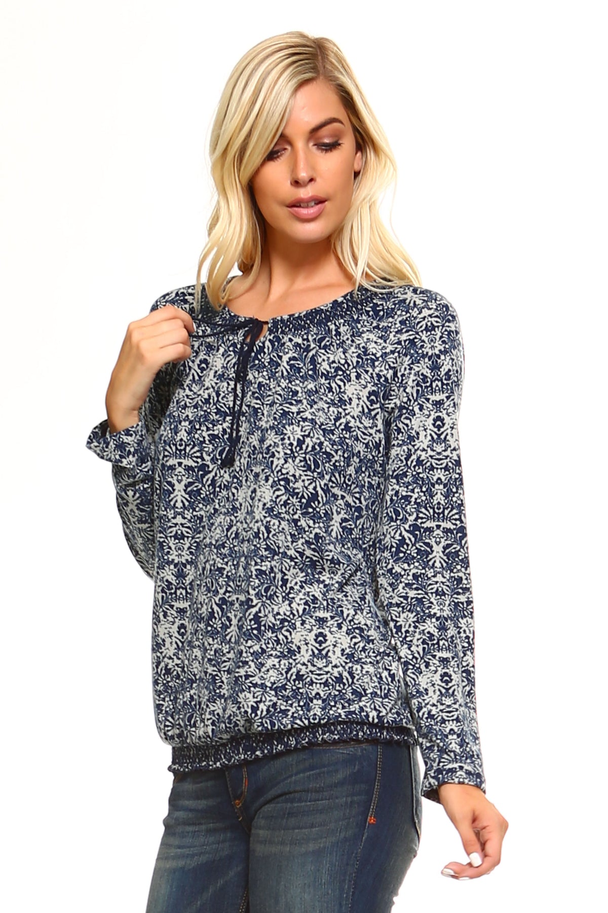 Women's Long Sleeve Navy Printed Peasant Top Tops - Tophatter Daily Deals
