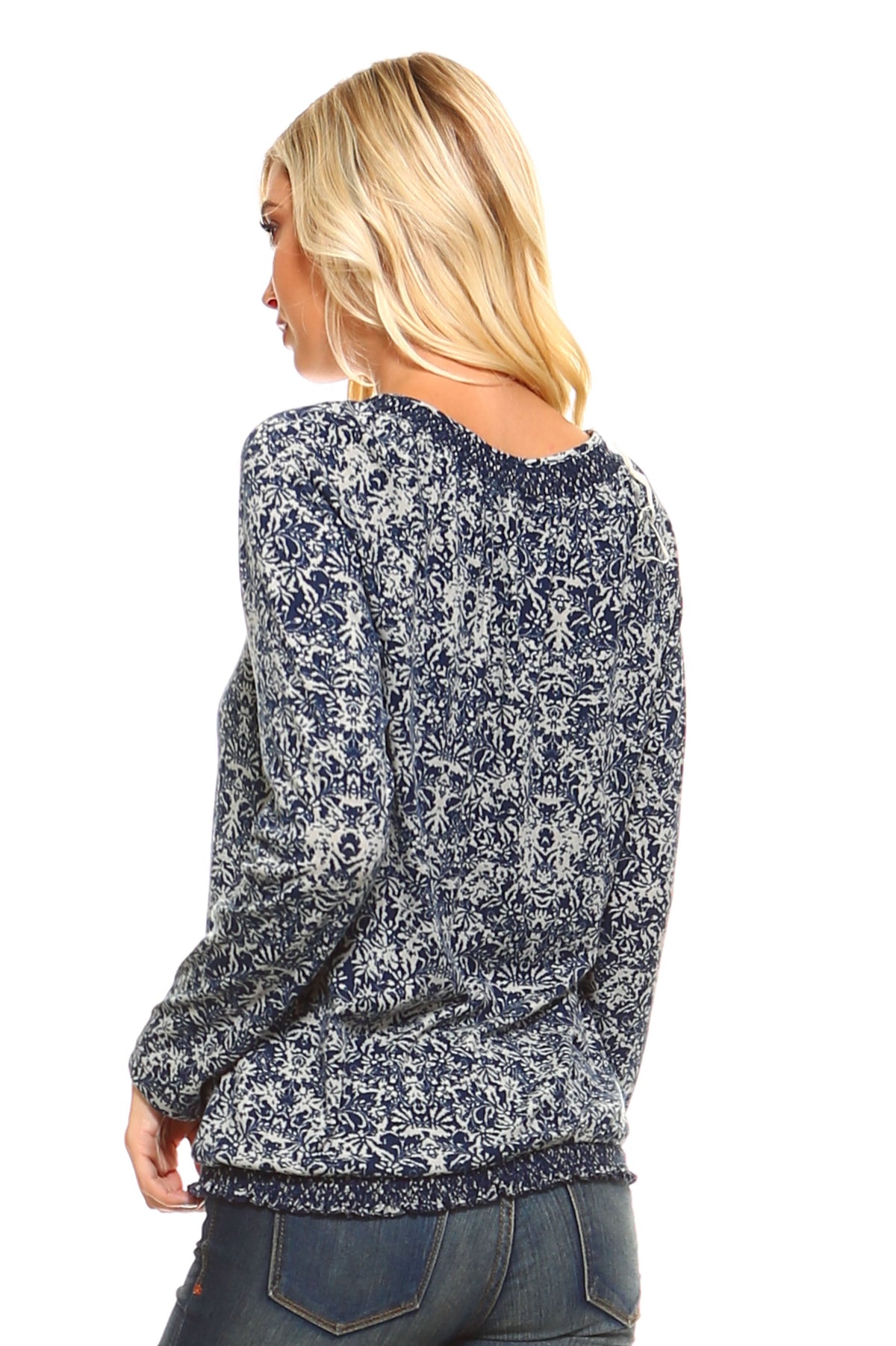 Women's Long Sleeve Navy Printed Peasant Top Tops - Tophatter Daily Deals